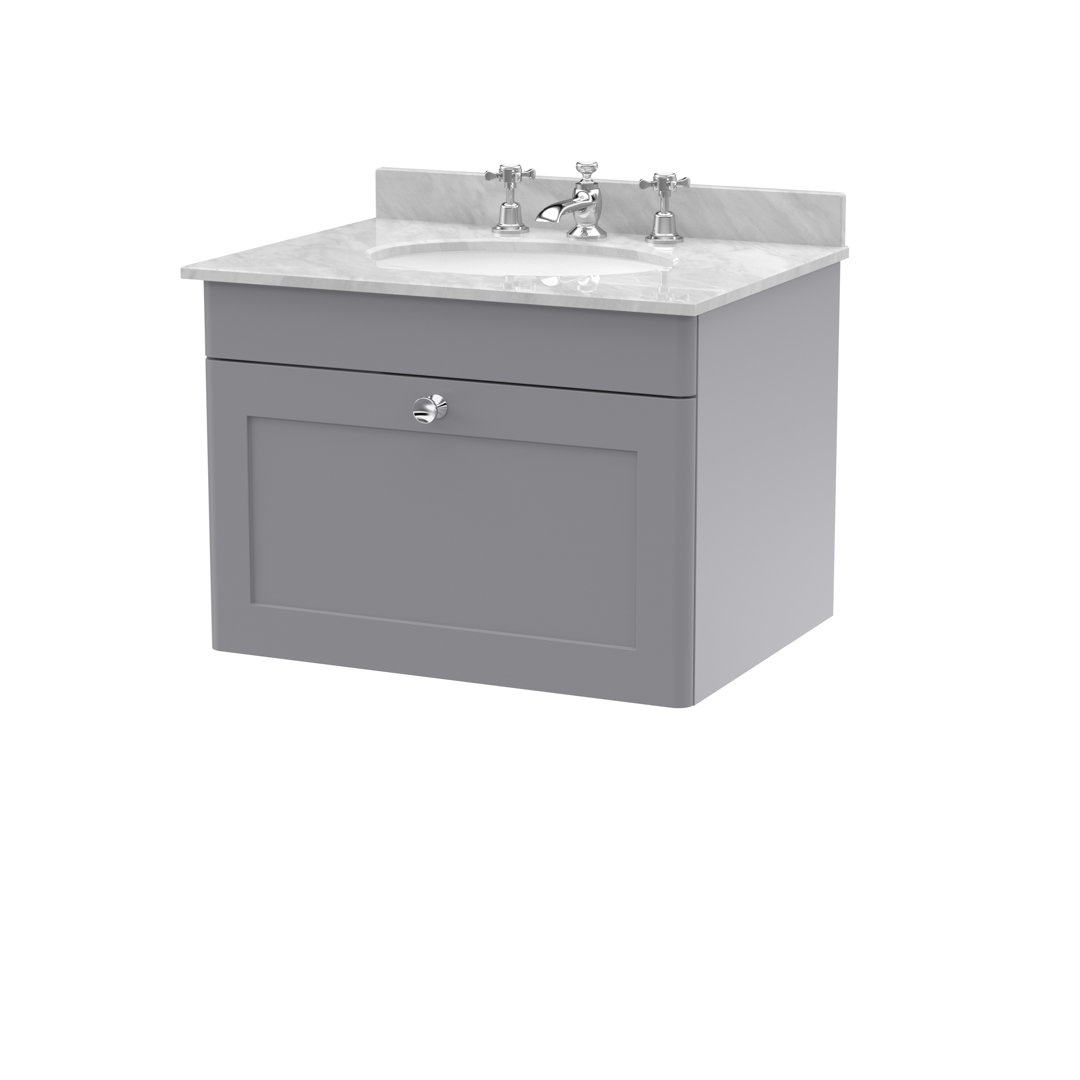 Nuie 600mm Wall Hung Vanity Unit - 1 Drawer, Marble Top 3TH - Satin Grey - Image 2