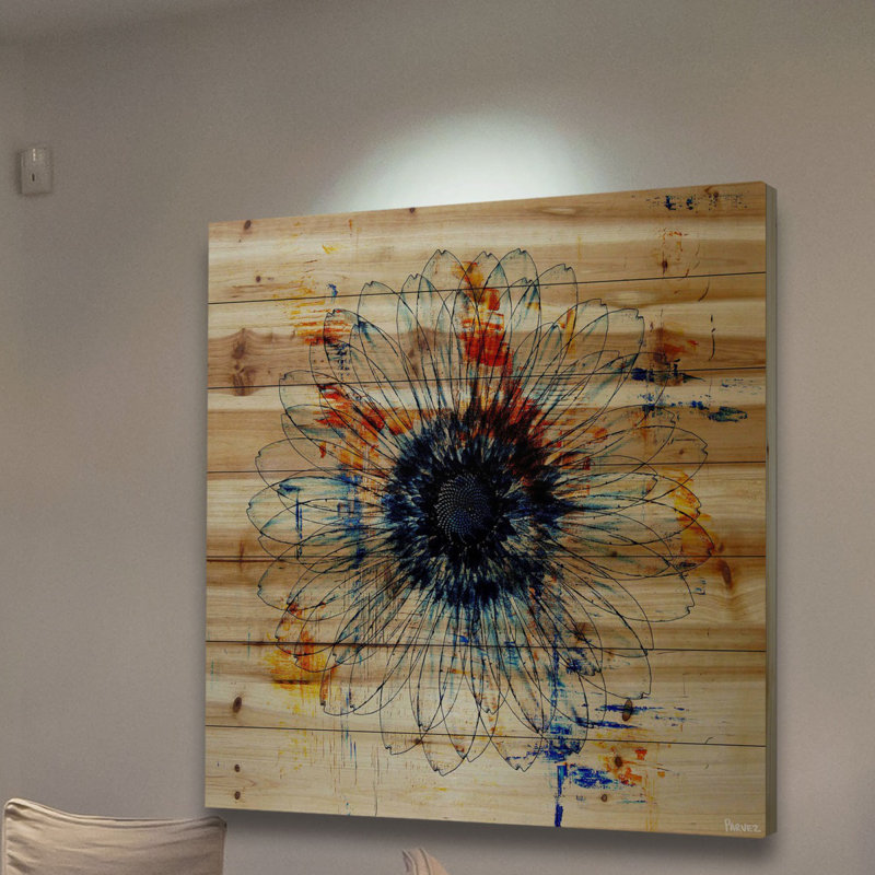 « stencil fleur », reproduction d’art sur bois de pin naturel, H 32 po x l 32 po x P 1,5 po
