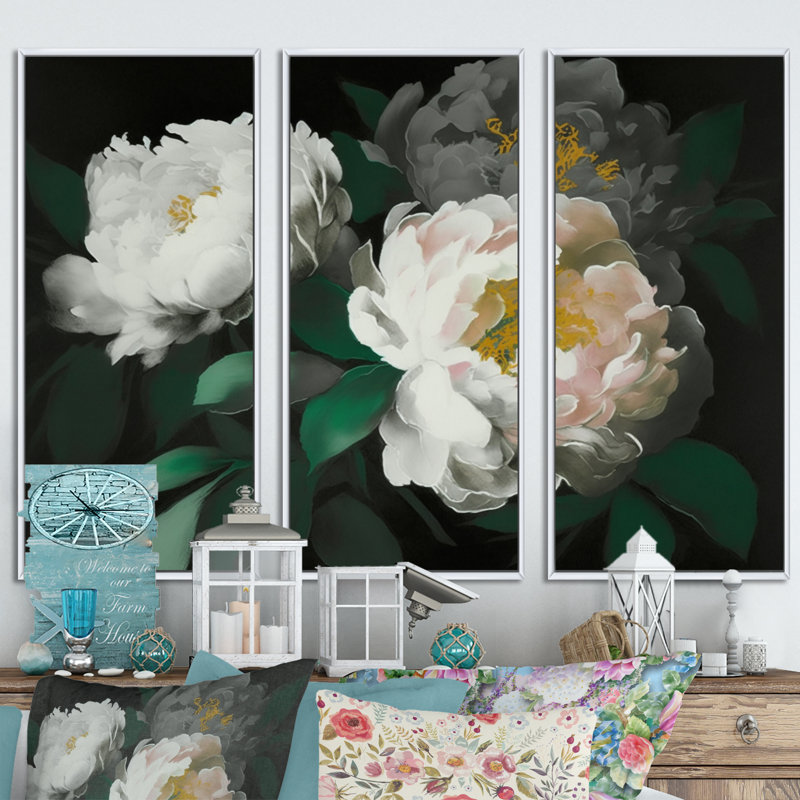 «White Blossoming Peony on Black I», reproduction de cadre flottant sur toile 3 pièces, H 28 po x l 36 po x P 1 po, Blanc