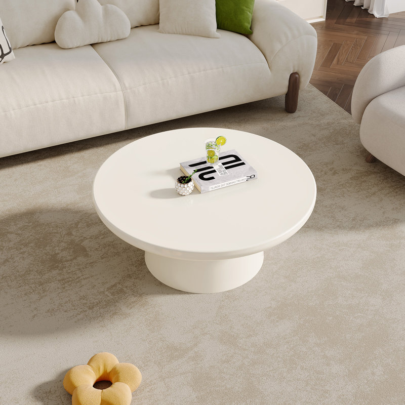 Cream White Round Coffee Table with Cylindrical Base