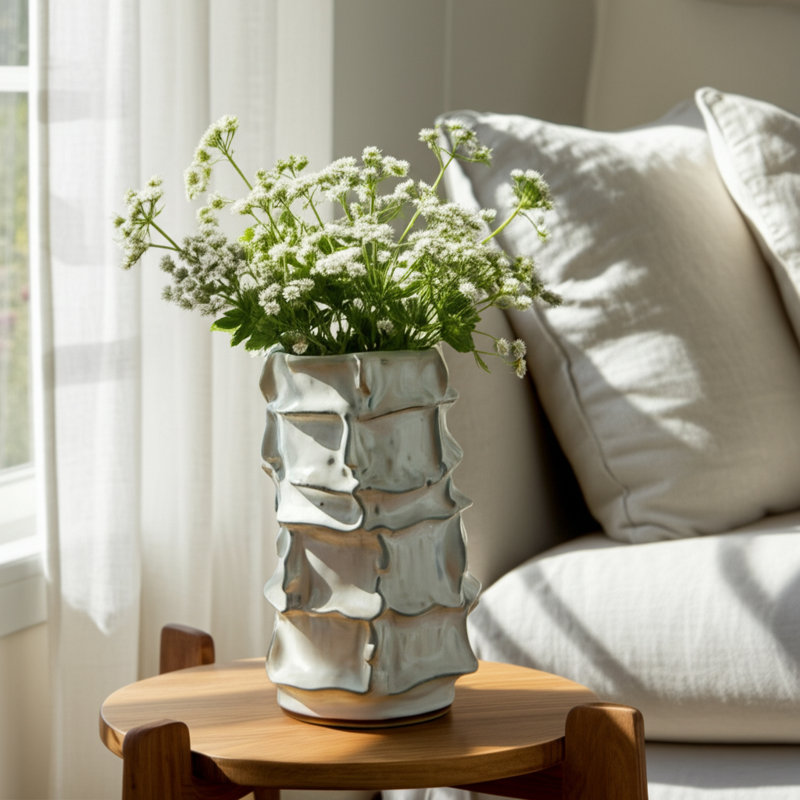 Ceramic Decorative Vase with Textured Wavy Design - Modern Home Accent, 13" H x 7" W x 7" D