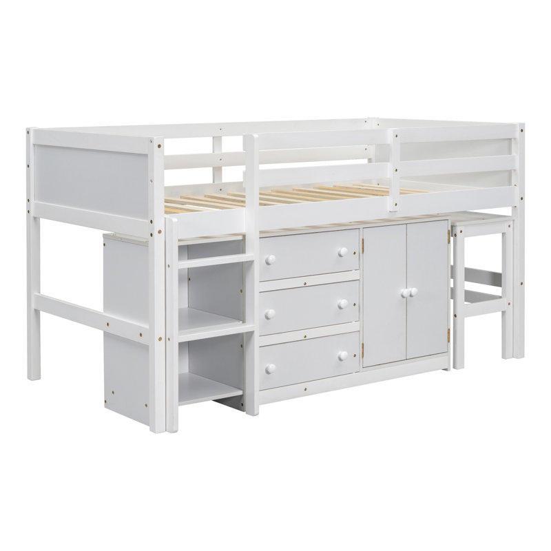 Lit mezzanine simple simple avec bureau coulissant, tiroirs, armoire et tablettes, Blanc