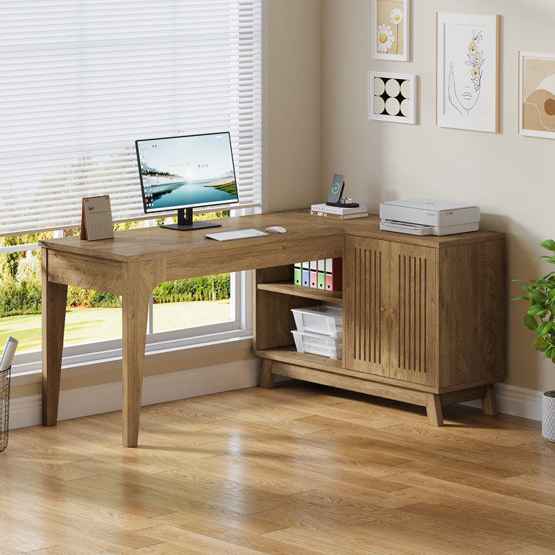 Bureau en L avec armoire de rangement, bureau de coin pour ordinateur à domicile, Brun