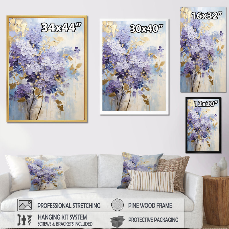 Rêves de lilas pastel mauve et doré sur toile, Cadre flottant blanc, H 32 po x l 16 po x P 1 po