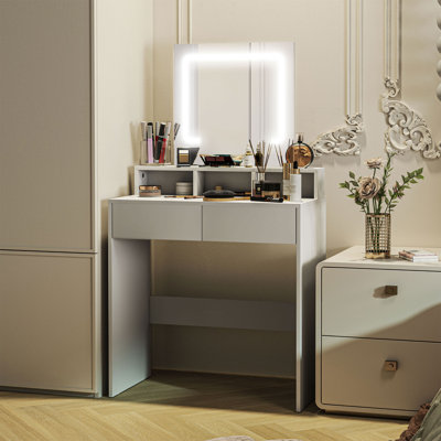 Bureau de maquillage avec miroir, 3 lumières DEL de couleur, tiroirs, blanc