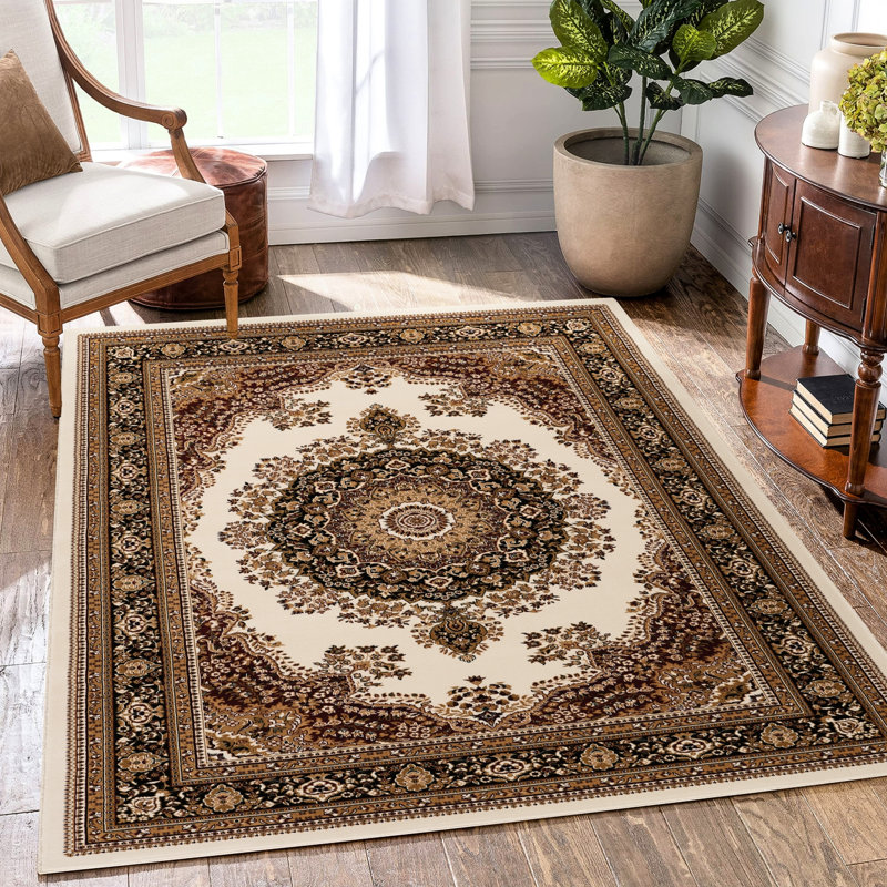 7 pi 10 po X 6 po, fait à la machine, tapis, multicolore, ornement traditionnel classique, médaillon, 100% polypropylène et sécuritaire pour les animaux de compagnie, teinté, tapis multicolore avec motif de médaillon traditionnel,