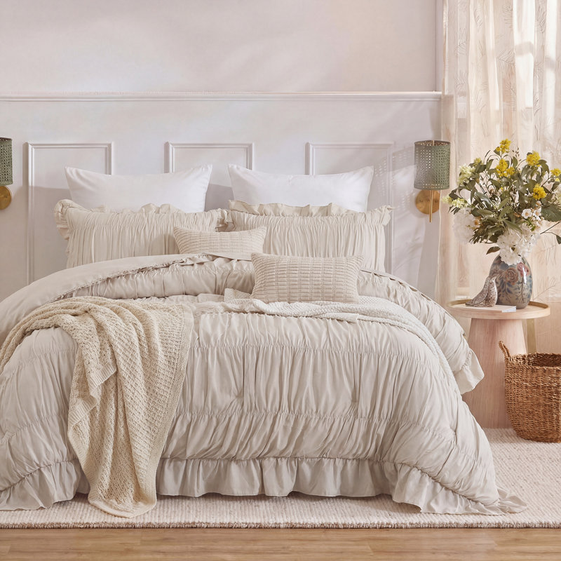 Beige Ruffle Duvet Cover Set Queen Size,Ruched Boho Bedding 3 Pieces Luxury Wrinkle Ruffle Comforter Cover Set,Breathable and Soft Microfiber Quilt Cover Set for All Seasons