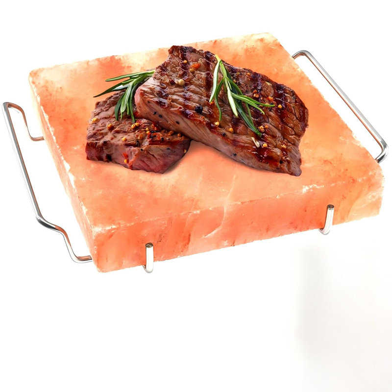 Ensemble professionnel de blocs de sel avec plateau en acier 8x8x1,5, plaque de cuisson himalayenne pour griller, cuire et servir, 100 % pur et naturel de qualité alimentaire (rose)