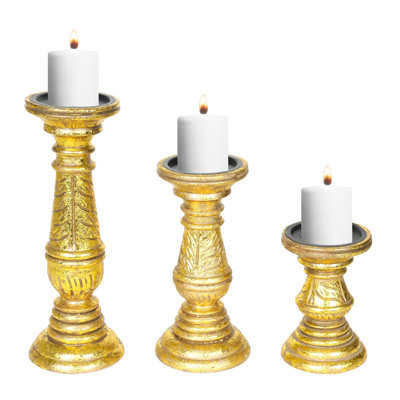 Bougeoirs pour bougies piliers - ensemble de 3 bougies dorées - porte-bougies en bois de style campagnard