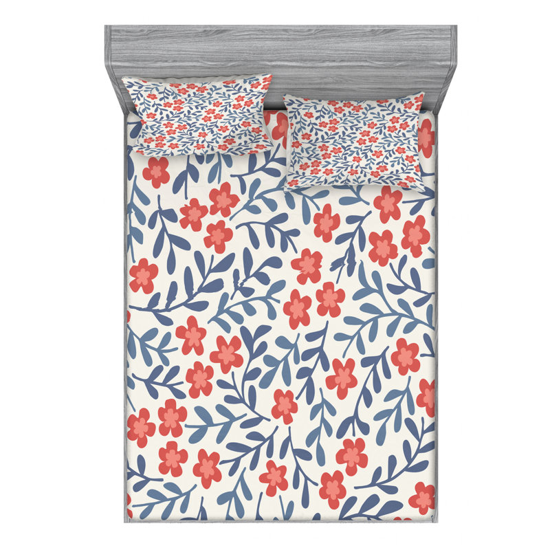 Microfiber Floral Sheet Set, Queen Sheet Set + Fitted Sheet + 2 Pillowcases, Blue/Red/White Floral