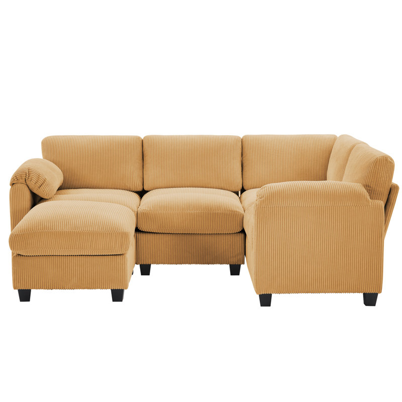 5 - Piece Reversible Modular Corner Sectional With Ottoman, Yellow Corduroy