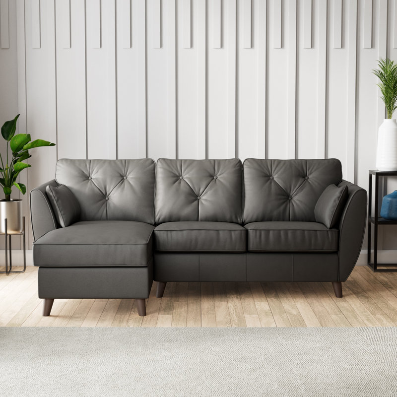 Hoxton 3 Seater Leather Maxi Sofa Chaise, Left Hand Facing, Raven, Dark Wood