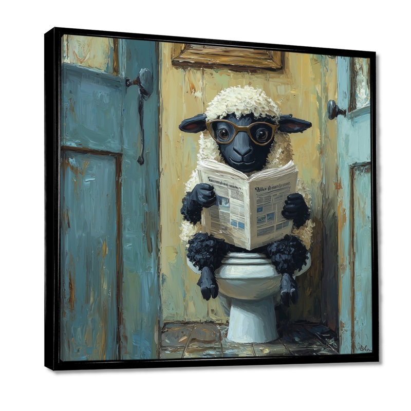 "Keyairra", mouton lisant un journal dans la salle de bain I, H 16 po x l 16 po, Impression encadrée flottante