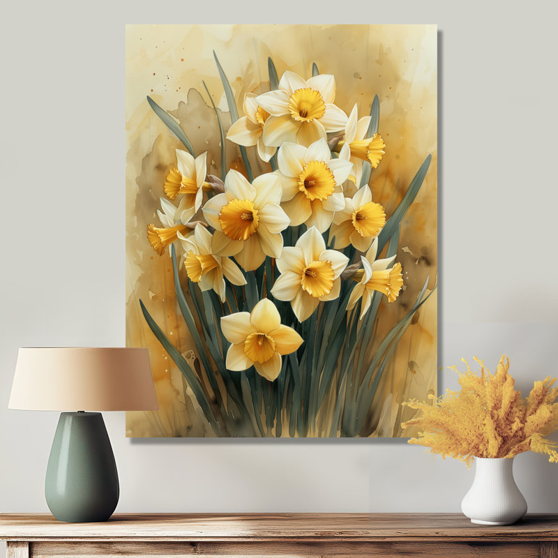 «Yellow Farmhouse Daffodils In Vase II - Daffodils Wall Art Living Room», Toile tendue, H 16 po x l 32 po