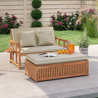 Outdoor Wooden Daybed With 4-level Backrest & Removable Cushions For Poolside