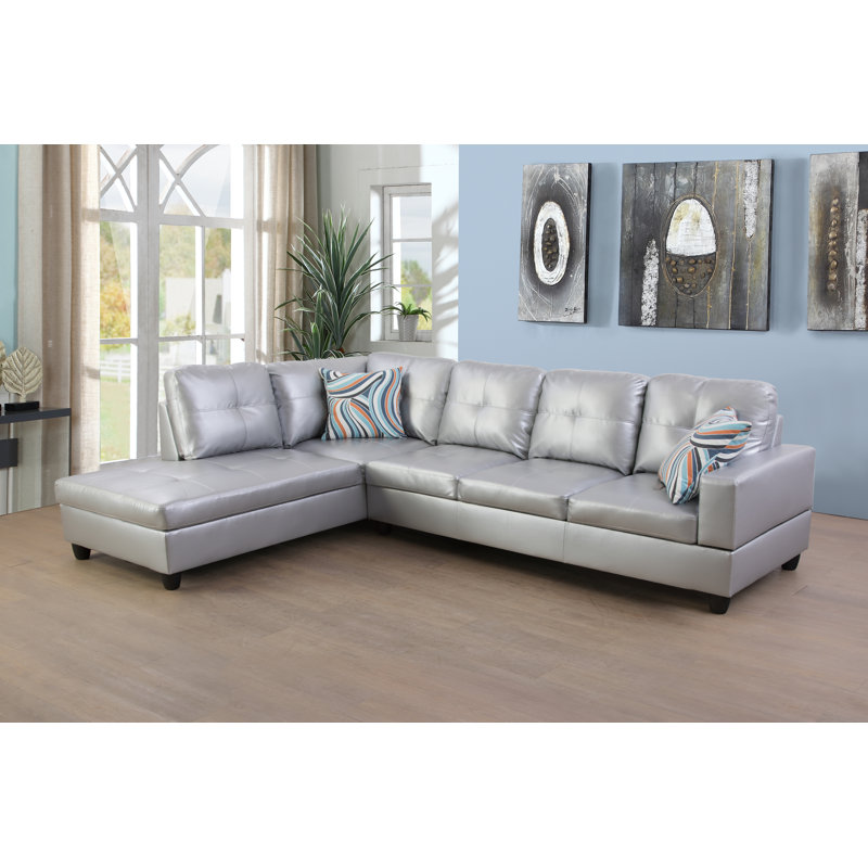 Chezkel Faux Leather L-Shaped Sectional Left Hand Facing, Silver White Faux Leather, Left Hand Facing