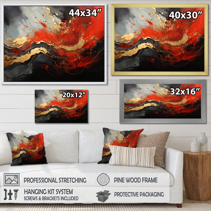 Rouge et feu de marbre doré I - art abstrait sur toile, Cadre d'angle fermé noir, H 24 po x l 32 po x P 1 po