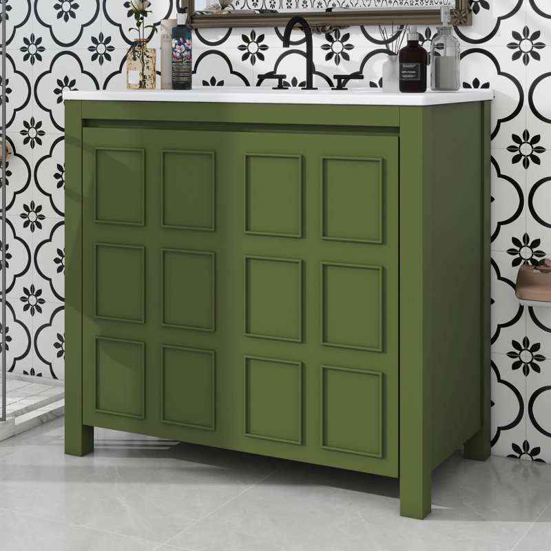 Rangement pour meuble-lavabo 36 po avec lavabo en céramique, Vert olive