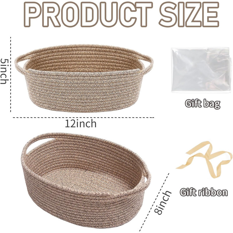 Small Woven Rope Storage Basket With Handles & Ribbon Bag Oatmeal