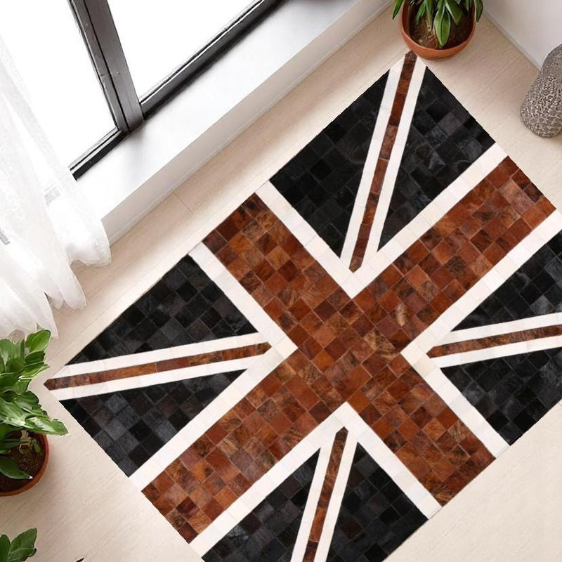 Tapis patchwork en cuir de vache véritable personnalisé Union Jack_8,83 X 12 pi, Rectangle 8 pi 10 po x 12 pi