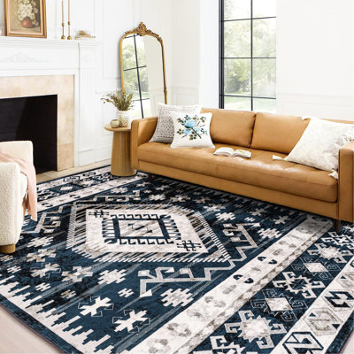 Vintage Area Rug - Machine Washable Non-slip For Bedroom, Kitchen Geometric Black/blue Design Blue/black