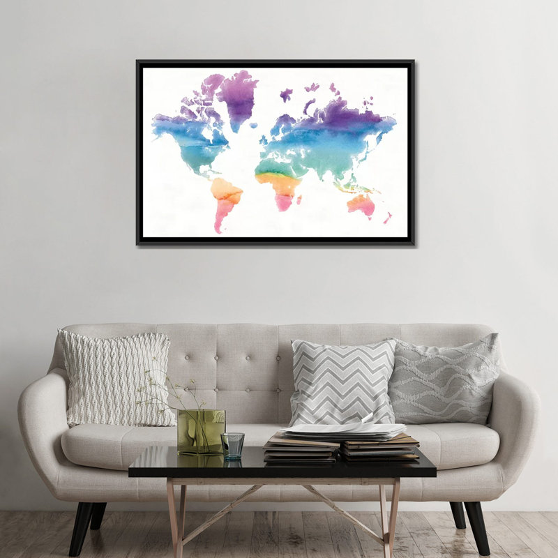 « aquarelle world », reproduction d’art sur toile tendue, H 18 po x l 26 po x P 1,5 po, Toile avec cadre noir, Pas de tapis