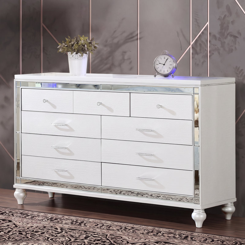 Denard Upholstered Standard 4 Piece Bedroom Set, White, Full/Double, 4 Pcs: Bed, Nightstand, Dresser, Mirror