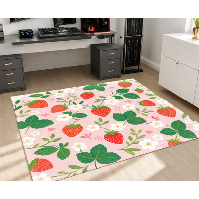 Tapis mignon à motif de fraises, motif floral rose, tapis antidérapant lavable, décoration intérieure vibrante pour salon, chambre à coucher, cuisine, appartement