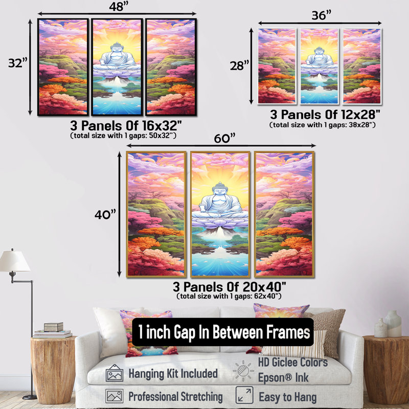 Bouddha blanc dans un jardin pastel céleste I - ensemble de décoration murale bouddhisme, H 28 po x l 36 po x P 1 po