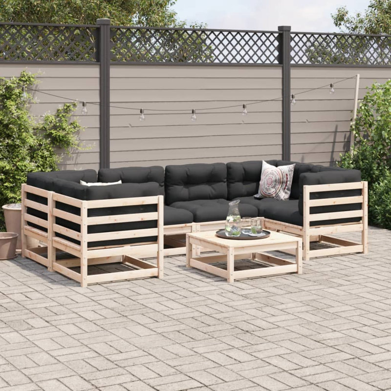  Ensemble de canapé de patio modulaire en bois de pin massif gris, Coussin gris foncé / structure naturelle