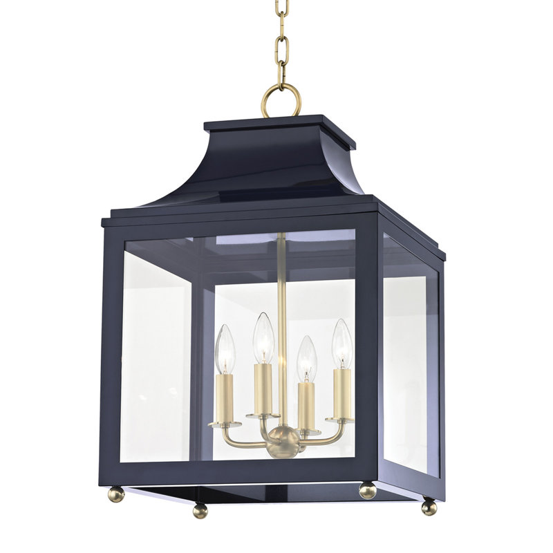 Leigh 4 - Light Lantern Square Pendant, 18.63" H x 11.5" W x 11.5" D, Aged Brass, Navy