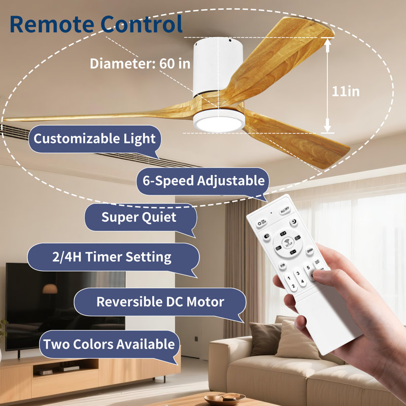 60 in. 3-Blade Indoor Flush Mount Ceiling Fan with APP Remote Control and Light, 3-Color Dimmable, Quiet DC Motor, 6 Speeds