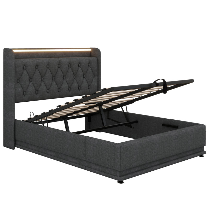Lit de rangement relevable moderne, cadre de lit à DEL avec station de charge, lit plateforme tapissier avec tête de lit à oreilles
