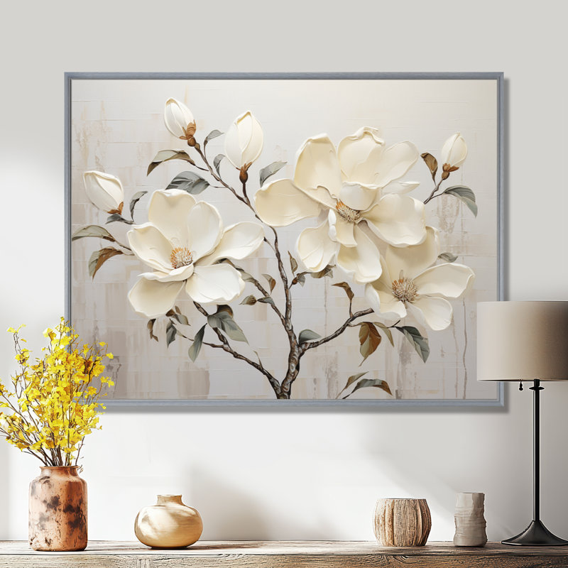Fleur de magnolia beige et vert - art mural Magnolias, H 16 po x l 32 po x P 1 po, Silver Floater Framed