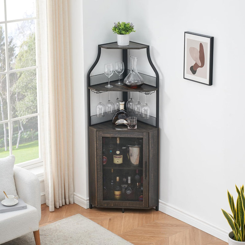 Corner Wine Bar Rack Cabinet With Detachable Wine Rack, Home Bar Cabinet, Oak