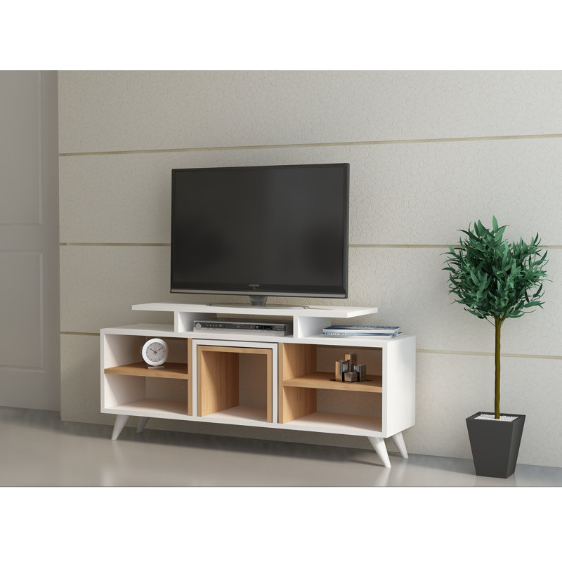 Alaila TV Stand for TVs up to 55" with 2 Side Tables, White/Light Brown