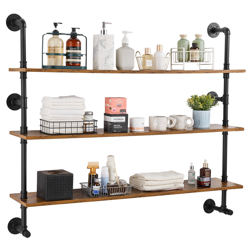 Industrial Pipe Shelf 3 Tier 48x9.84in Wall-Mount for Kitchen Bedroom, 42.32" H x 48.43" W x 10.04" D
