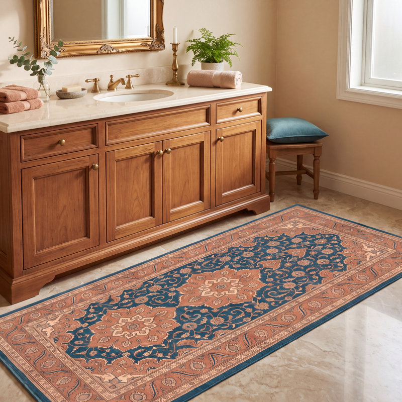Tapis Marble2 traditionnel de style persan audacieux, bleu sarcelle, or et crème, lavable en machine, antidérapant, à poils courts, pour l'intérieur et l'extérieur, adapté aux animaux domestiques, idéal pour le salon, la chambre, la salle à manger, l'entrée, le couloir ou le bureau.