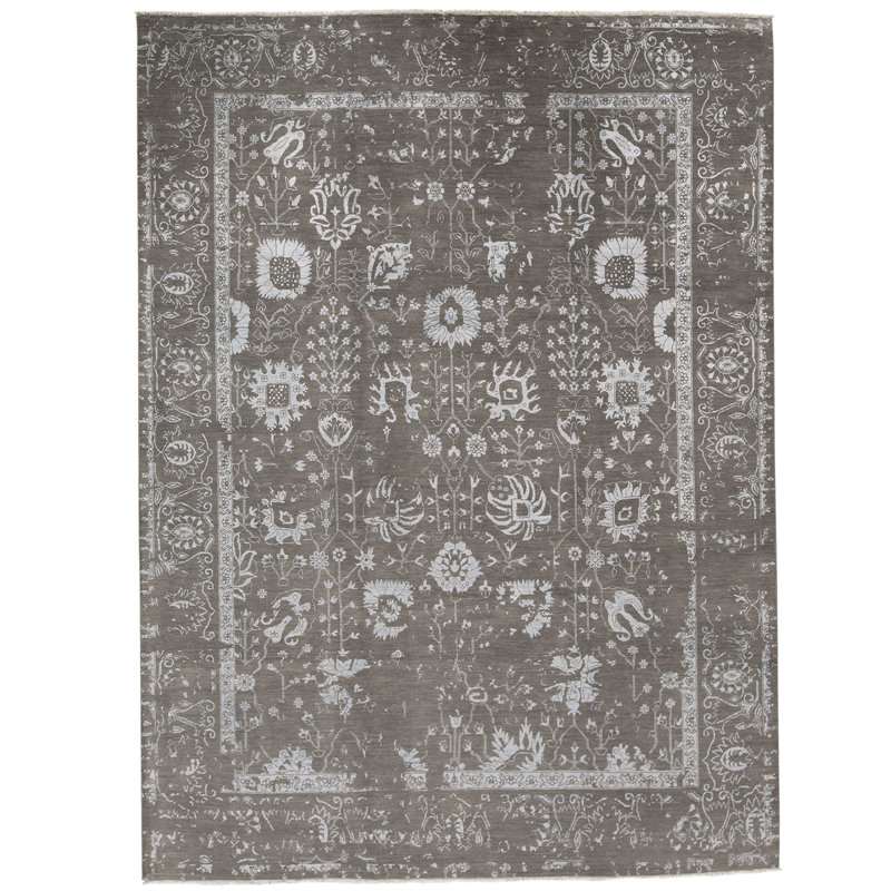 Tapis gris / blanc noué à la main de qualité unique en son genre