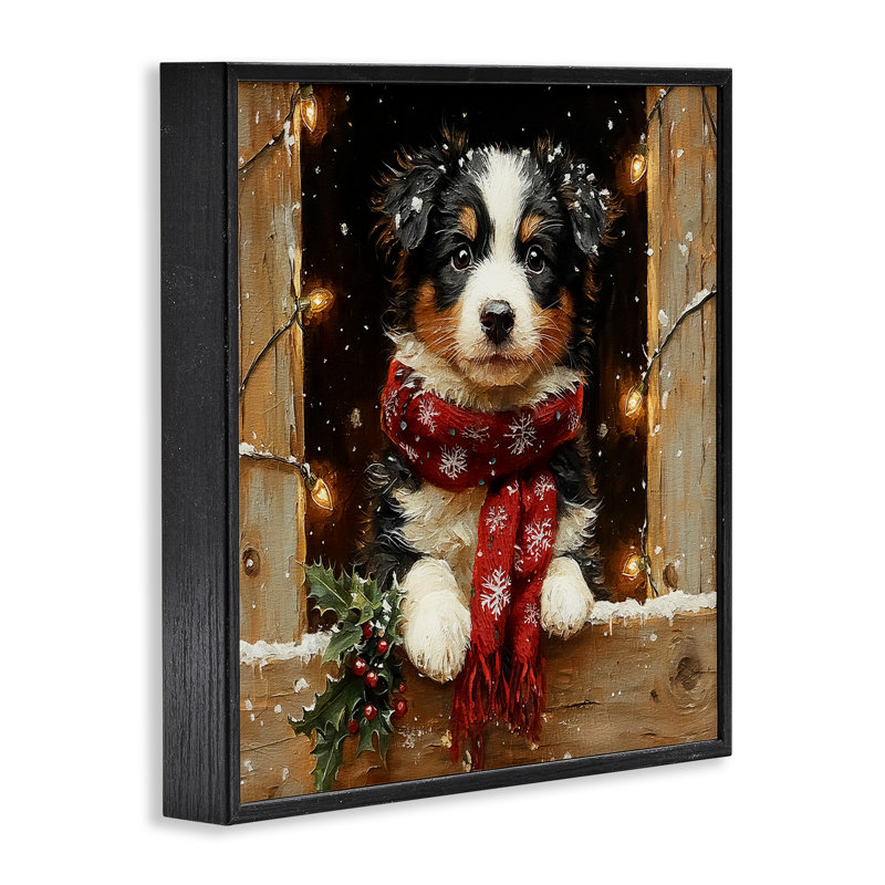 «Snowy Christmas Lights Puppy», estampe numérique, conception de Riley B, H 17 po x l 17 po, Giclée encadrée noir minuit