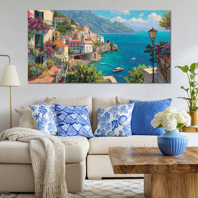  Large Amalfi Coast Canvas Wall Art Italian Painting Mediterranean Landscape Print Serene Italy Wall Decor Vibrant Seaside Italian Art for Living Room Bedroom Office 16x32"