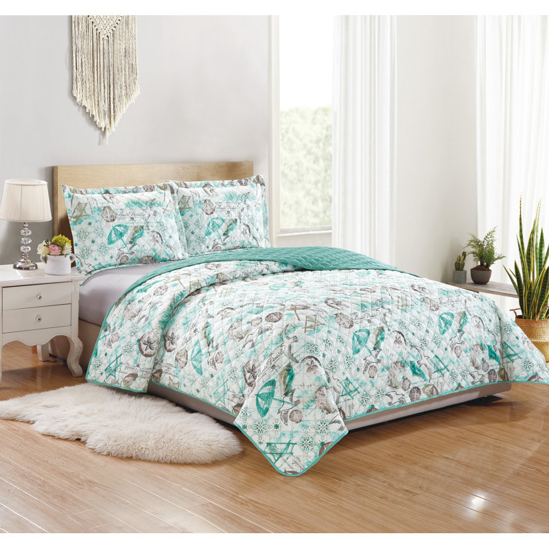 Ensemble de courtepointe réversible en microfibre vert / brun Seagull, Courtepointe très grand + 2 taies décoratives