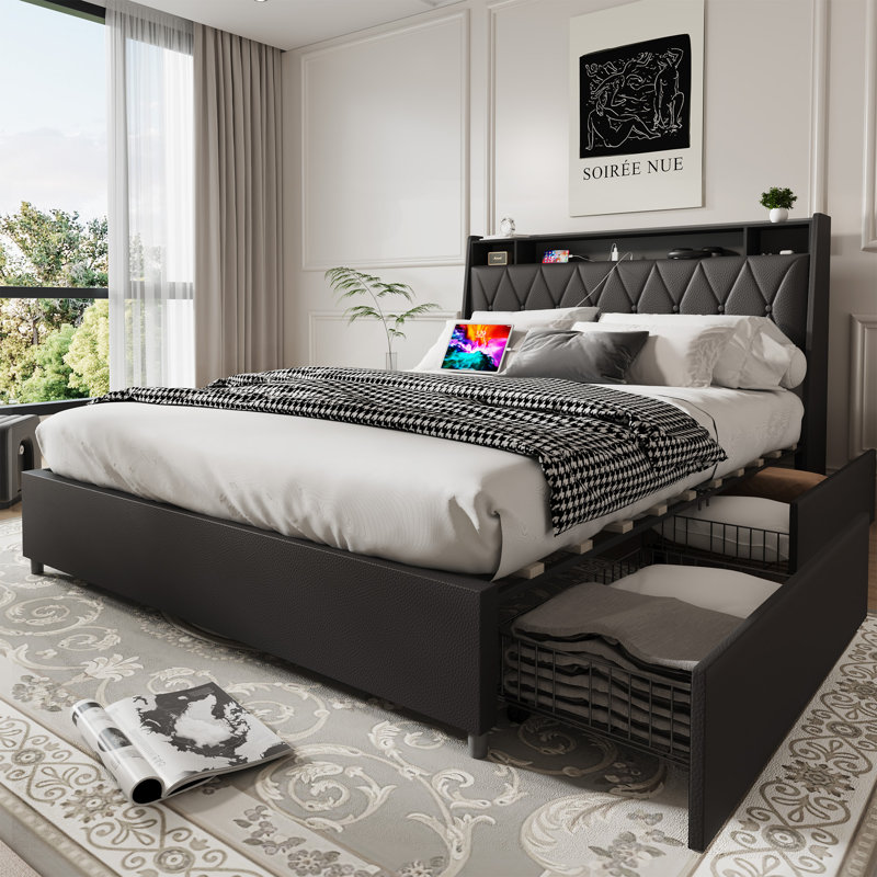 Base de lit double, tête de lit ergonomique, plateforme, prises, chargeur, tablette de rangement, Noir
