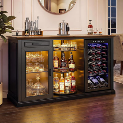 Armoire de bar 60,2 pouces avec espace pour réfrigérateur, DEL ambre, noir
