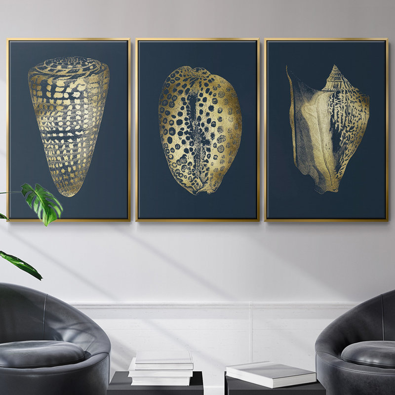 Ensemble de 3 pièces encadrées sur toile, feuille d'or I sur cobalt, Encadrement doré, H 27 po x l 54 po