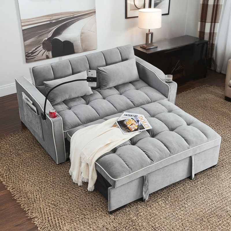 Canapé-lit convertible polyvalent en 3 longueurs, en velours moderne, avec lit escamotable et dossier réglable, port USB, cendrier et support de téléphone pivotant.
