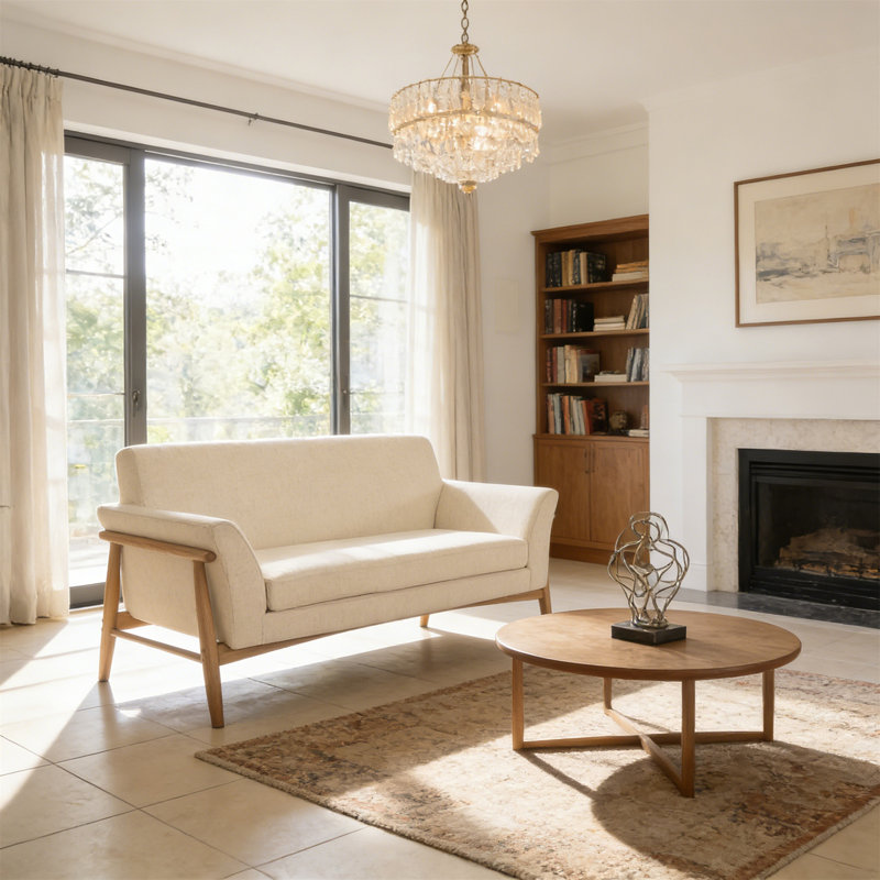 Causeuse en lin à accoudoirs évasés (beige et naturel - 73620), Tissu beige