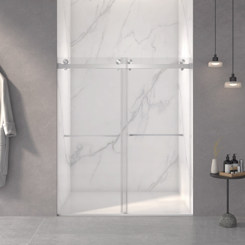 Porte de douche à ouverture coulissante double sans cadre l 56 à 60 po x H 70 po - Verre trempé transparent épais de 5/16 po (8 mm), facile à nettoyer