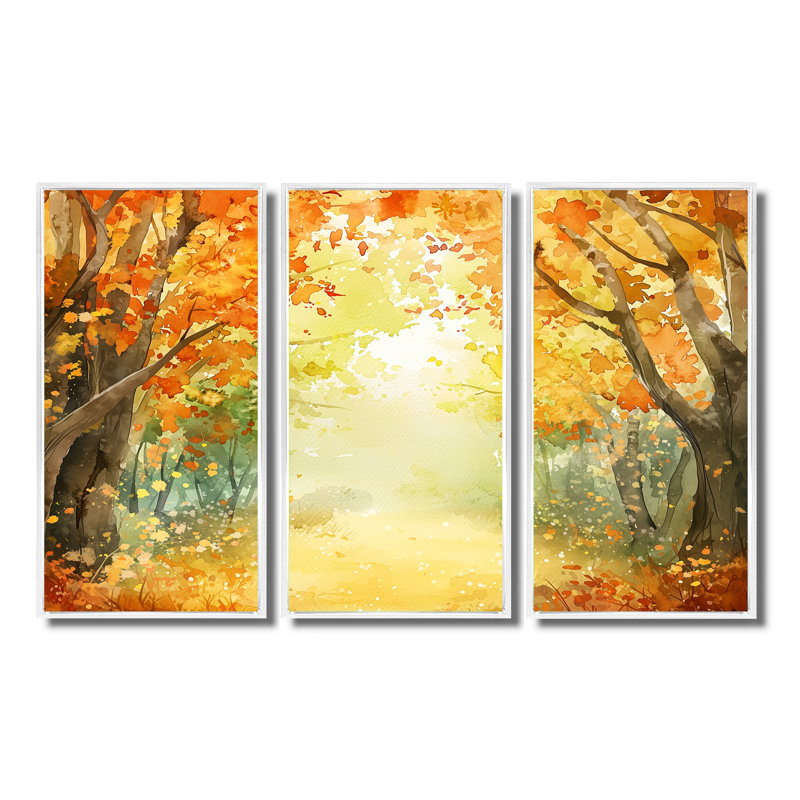 «Autumn Golden Glade Forest», ensemble d'art mural paysage d'automne, H 32 po x l 48 po, Reproduction avec cadre flottant