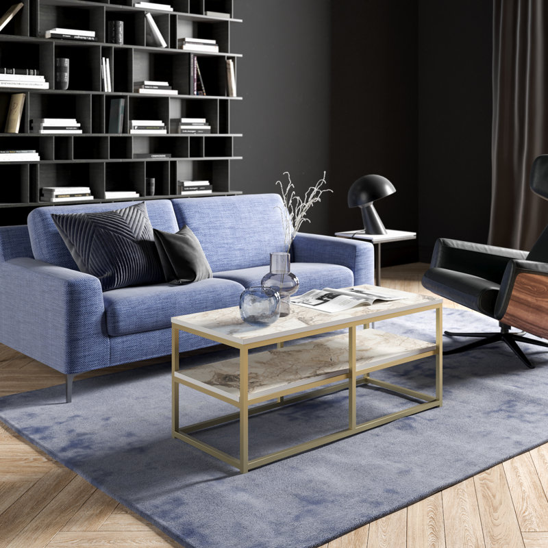 Modern Glam Coffee Table with Metal Legs, Gold & White, 43.5 x 18.5 x 20.5 inches | 100% Melamine Coated Particle Board, Thickness: 0.7 inches | Stylish Marble Design, Perfect for Living Room & Entertaining Spaces